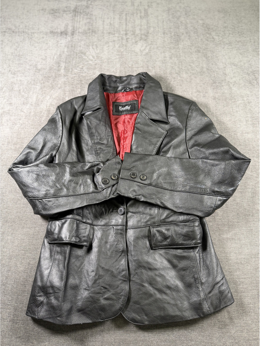 Exelled Collection Women's Black Leather Blazer Jacket with Red Lining, Size L